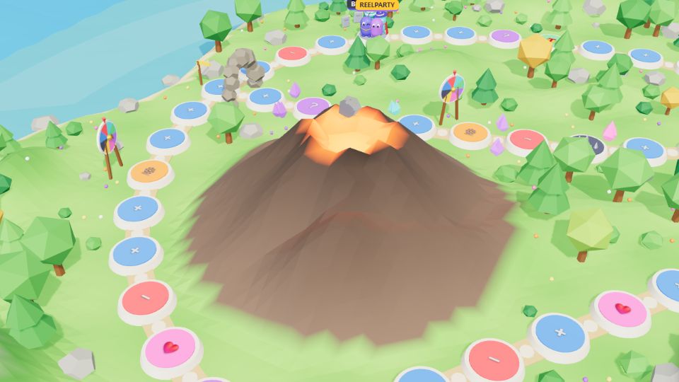 Das 3D-Spielbrett Insel mit Vulkan, Feldern und Glücksrad