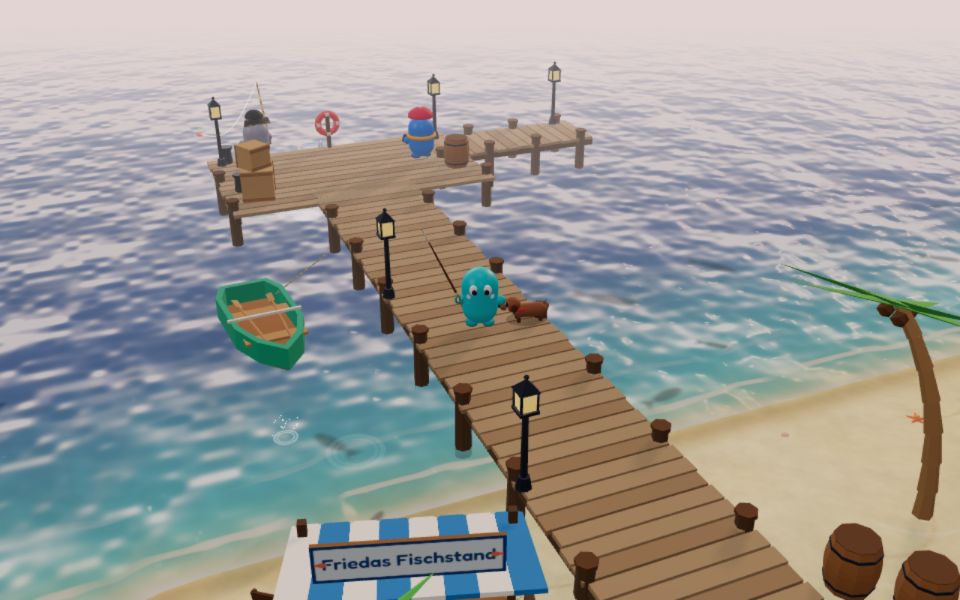 Die Angelwelt: Spieler angeln auf der REELPARTY-Insel
